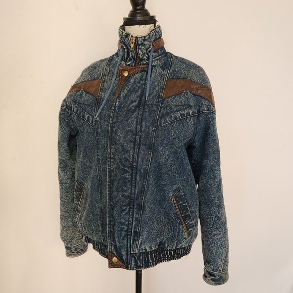 Vintage Eagle's Ridge Acid Denim Faux Leather Trim Bomber Jacket Quilt-Lining - Picture 5 of 12
